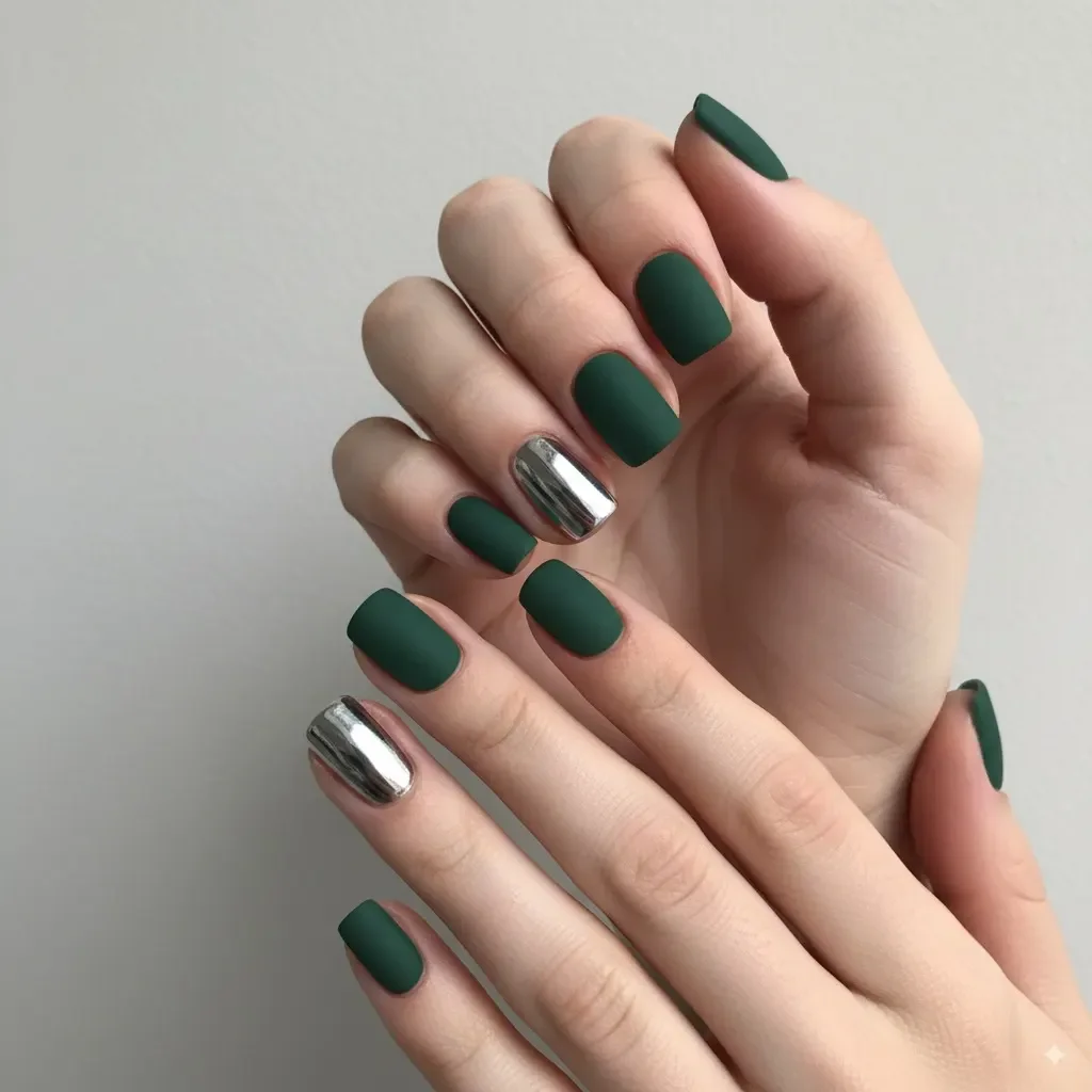 Matte Herbsttöne mit silbernen Chrom-Akzentnägeln an den Ringfingern