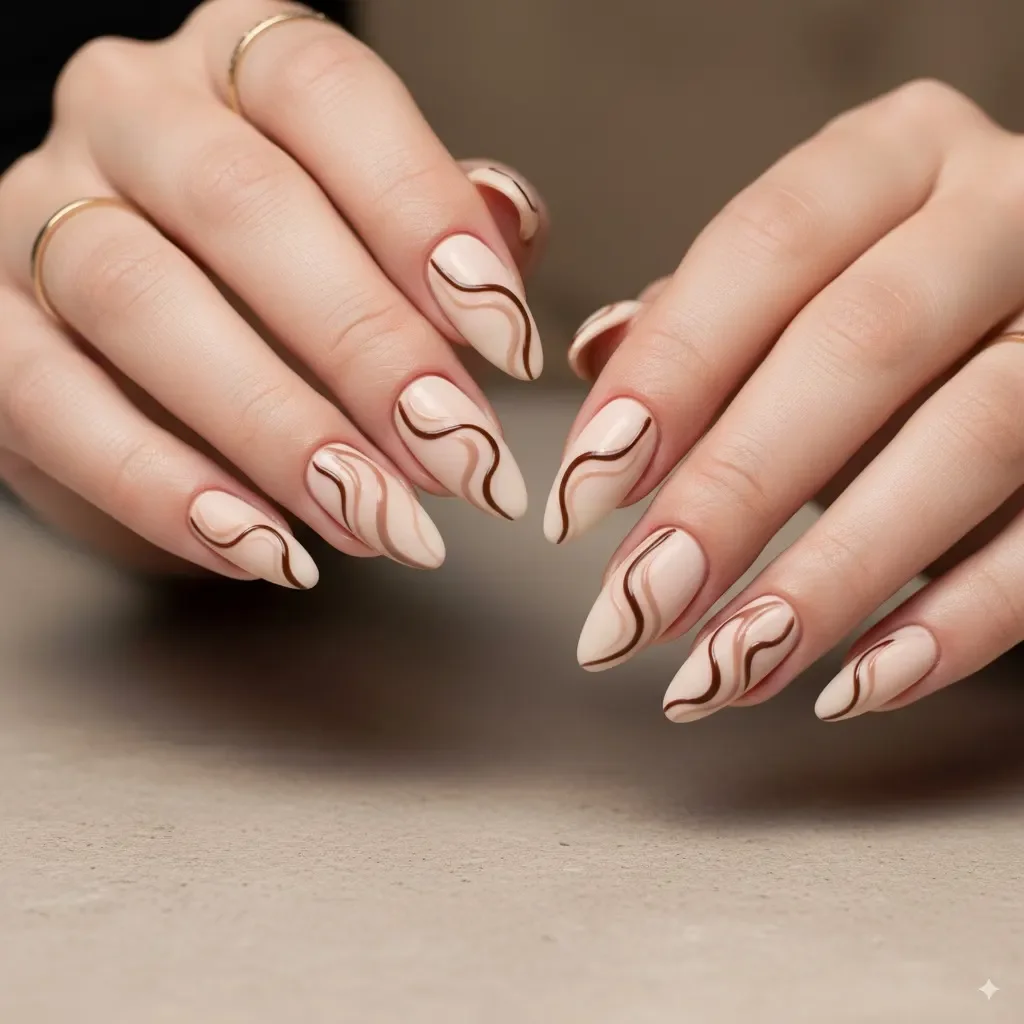 Hände mit mattbeigen Nägeln und brauner Wirbel-Nagelkunst