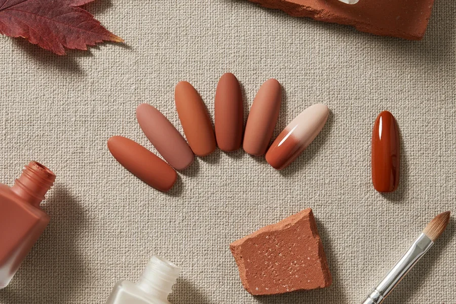 Colocación plana desde arriba de muestras de uñas en tonos terracota mate y naranja quemado con una pincelada de capa superior mate.