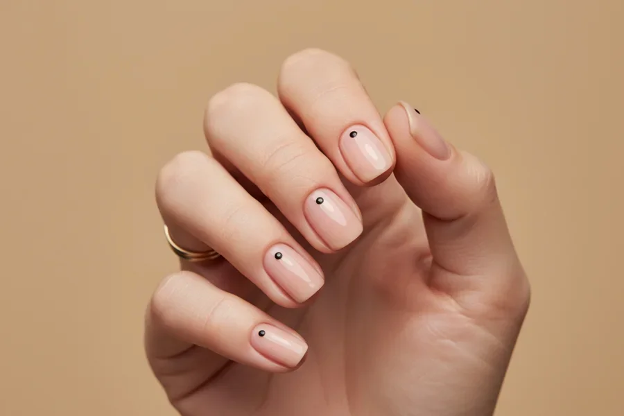 Manicura sofisticada con espacio negativo y micropuntos negros sobre uñas cortas apoyadas sobre una computadora portátil.