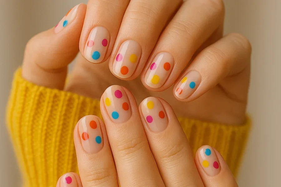 Elegantes uñas minimalistas de lunares en colores brillantes en manos que sostienen un suéter acogedor.