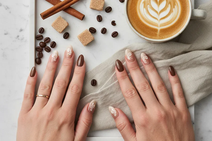 Colocación aérea de puntas de uñas con diseño de mármol moca junto a una taza de café con remolinos de crema.