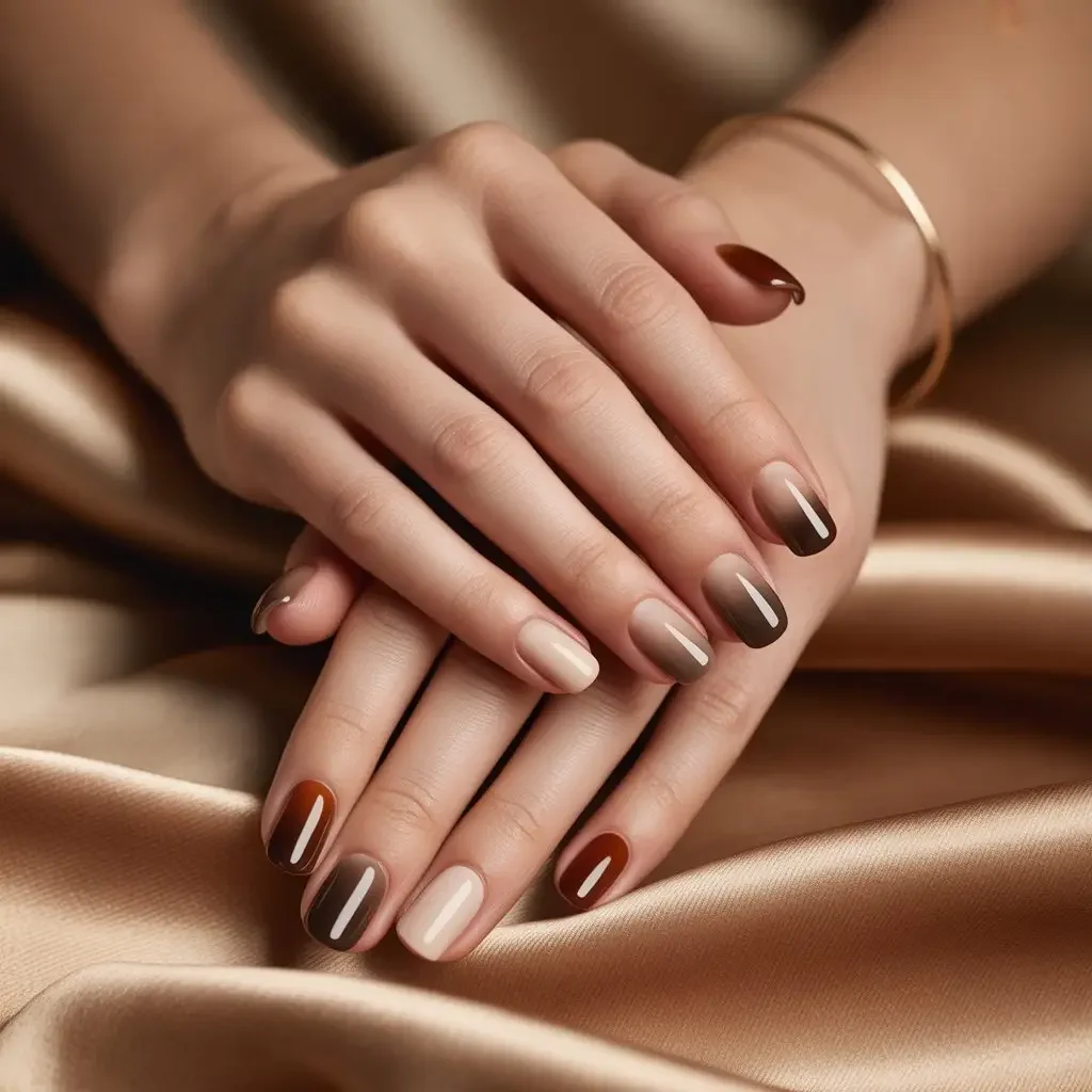 Eine Nahaufnahme perfekt manikürter Hände mit Nagelkunst mit Farbverlauf von Mokka-Mousse bis Schokoladenbraun
