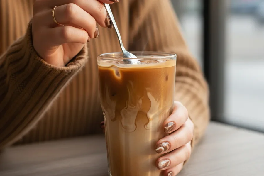 Manicura de café acogedora con remolinos de moca y uñas de gel brillantes sosteniendo un café con leche humeante.