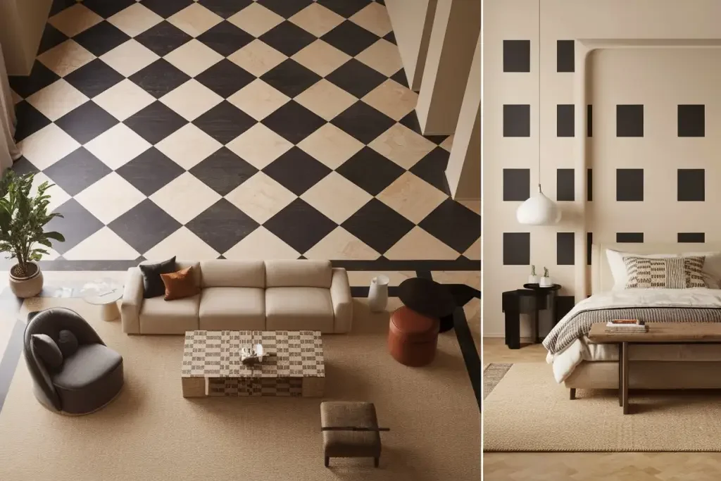Modern interior with checkered floor in the living room and square wall patterns in the bedroom.