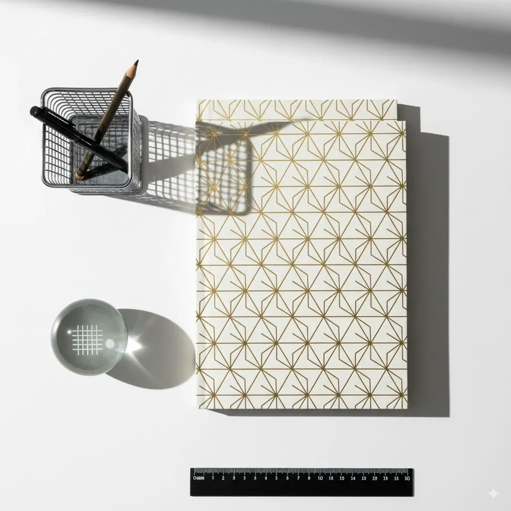 a curated modern workspace. A set of notebooks and stationery is placed on a clean white desk. The notebook covers have a foiled and embossed geometric pattern of interlocking triangles. A pen holder made of polished chrome features a linear, grid-like design.
