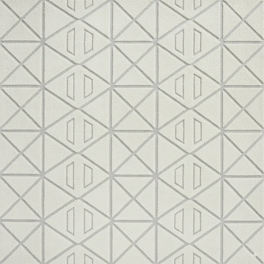 top-down shot of a luxurious, off-white cut-pile rug. The rug's surface features a subtle tessellating pattern of embossed squares and triangles.