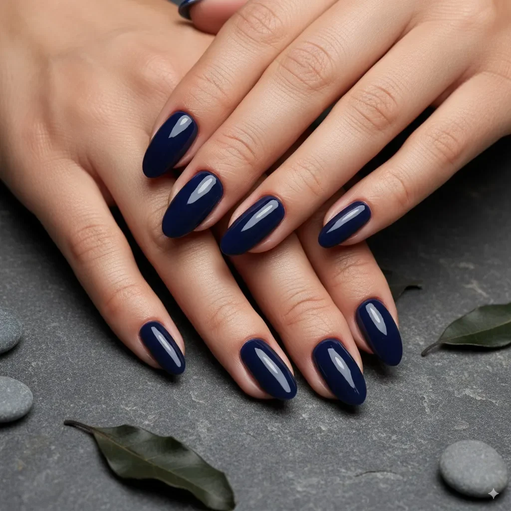 Ovale Nägel mit glänzendem, marineblauem Lack auf strukturiertem Stein
