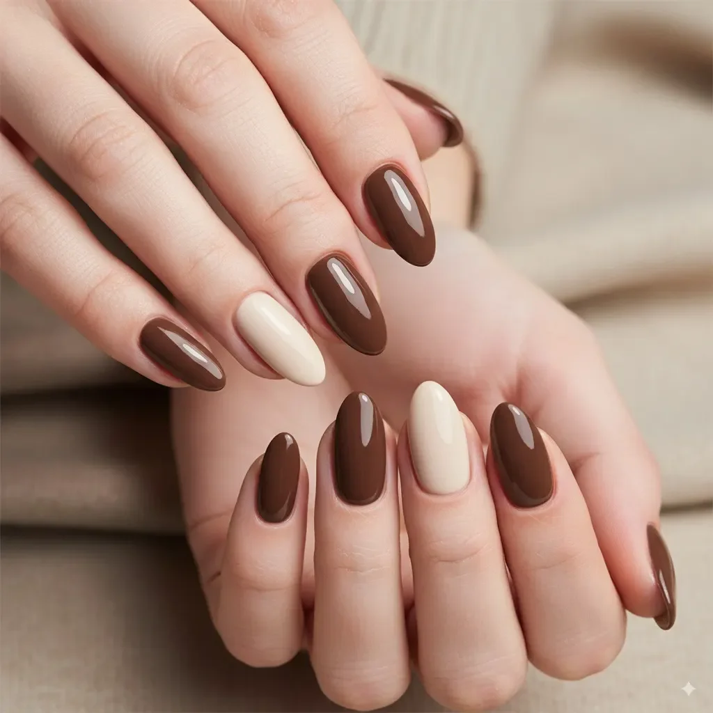 Manikürte Hände mit Pantones Auswahl von PANTONE 17-1230 Mocha Mousse als Farbe des Jahres.