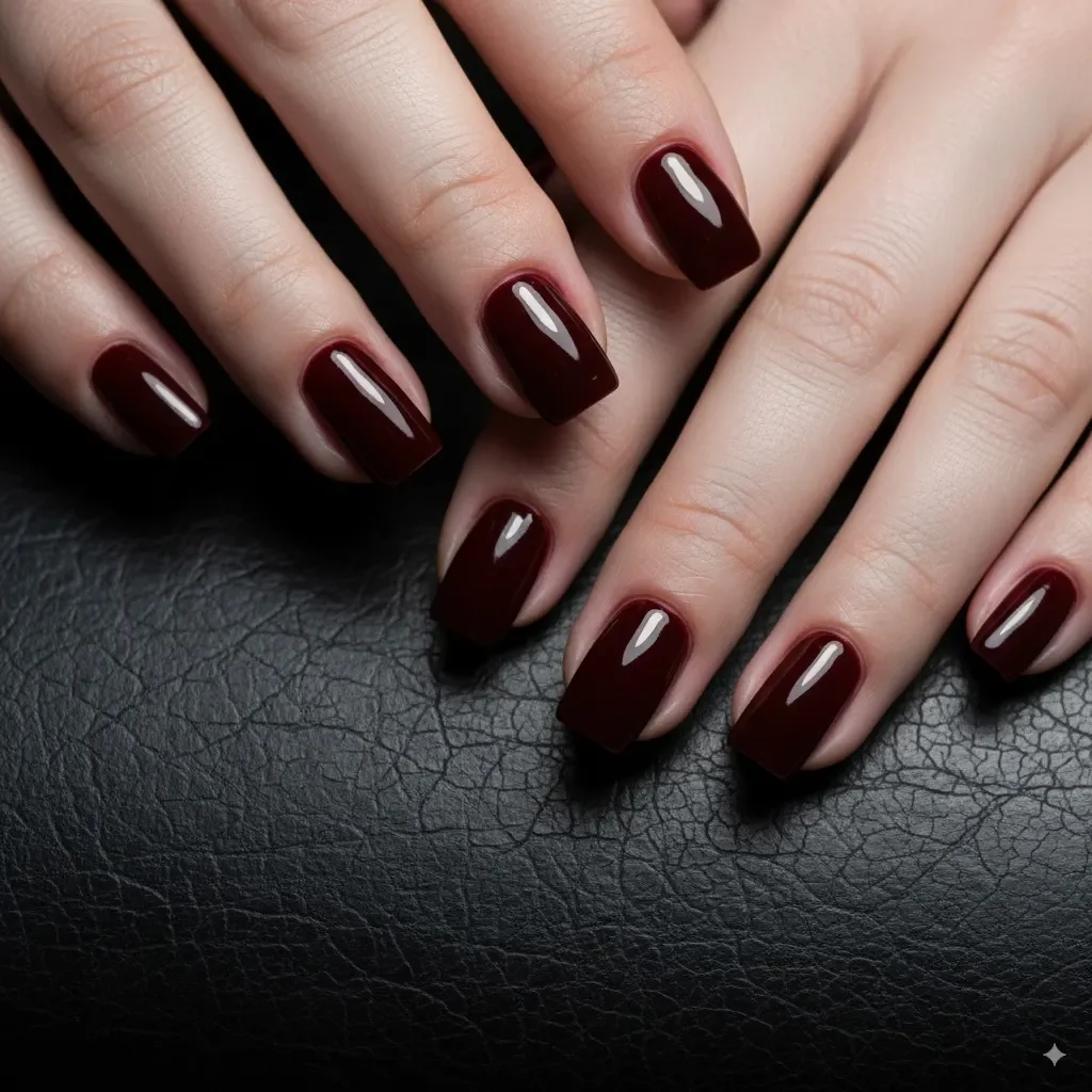 Kurze, quadratische Nägel in dunklem, glänzendem Kirschrot vor Jeanshintergrund