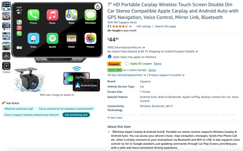 Screenshot des tragbaren 7-Zoll-CarPlay-Doppel-DIN-Touchscreens mit kabellosem Touchscreen