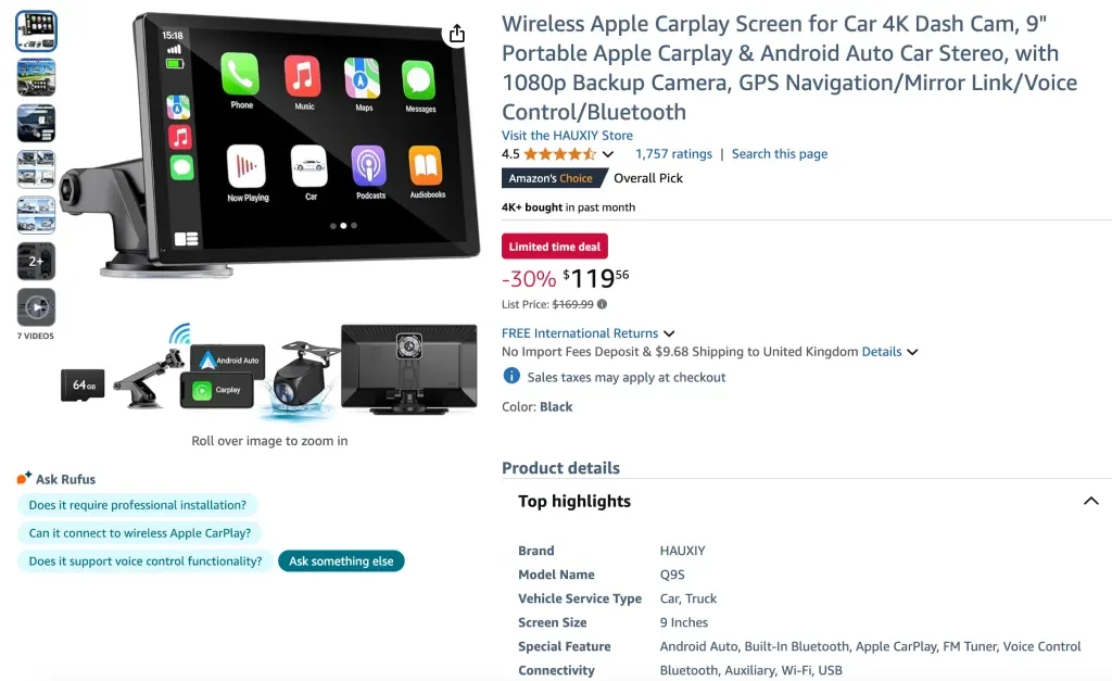 Screenshot des Wireless Apple CarPlay-Bildschirms mit 4K-Dashcam