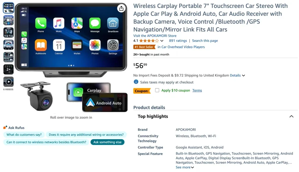 Screenshot des tragbaren 7-Zoll-Touchscreen-Autoradios Wireless CarPlay