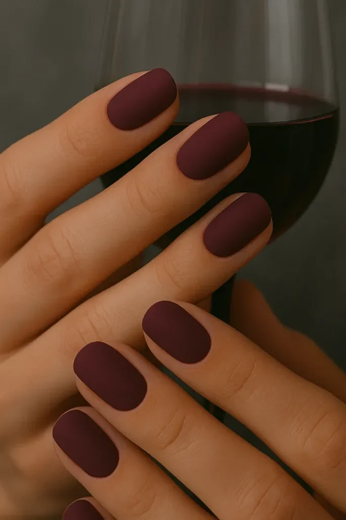 Edle, matte Pflaumennägel mit samtigem Finish, gepaart mit einem Weinglas