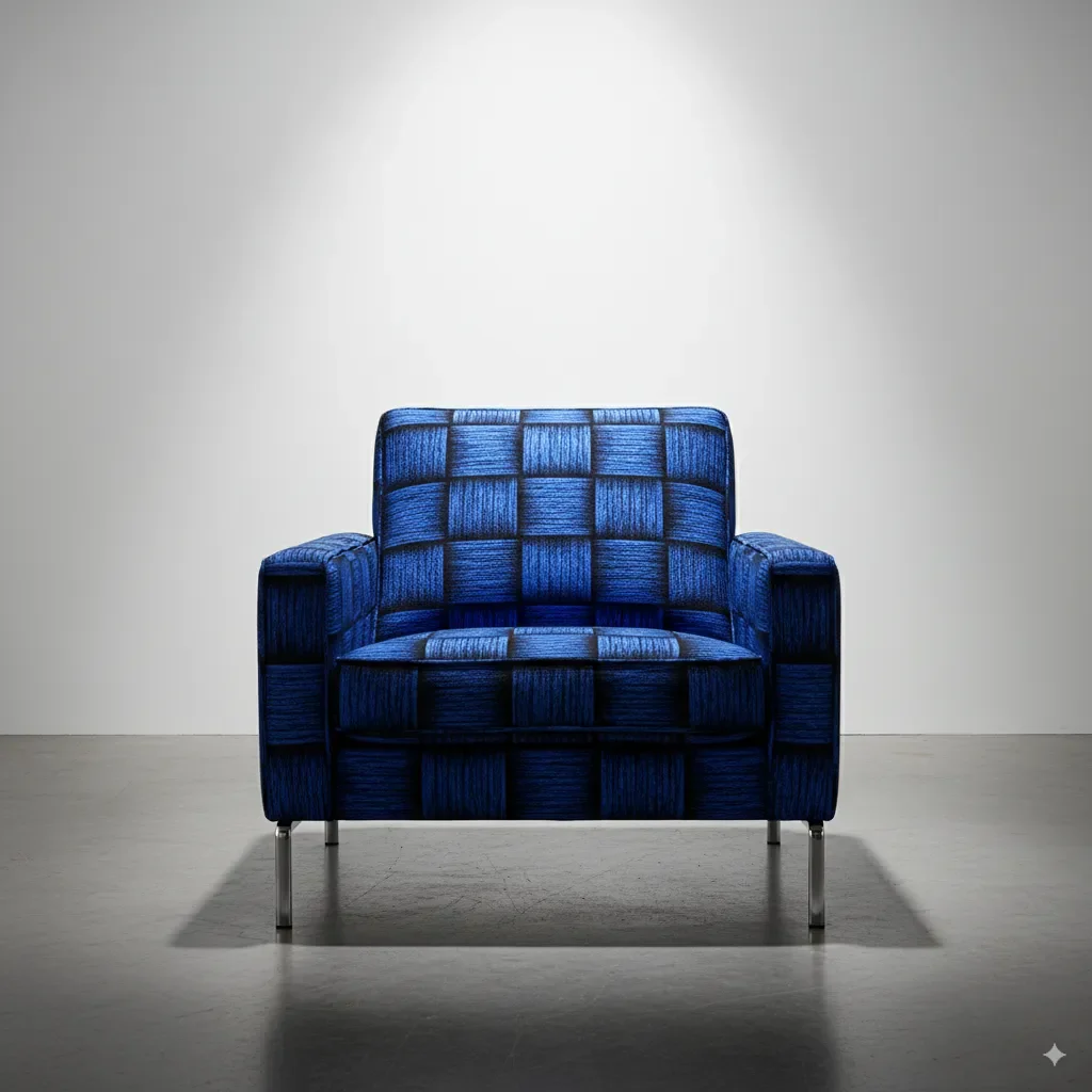 A modern armchair upholstered in a fabric with a three-dimensional basketweave pattern of enlarged checks. This high-contrast design is a statement piece from the Skewed Classics trend. 