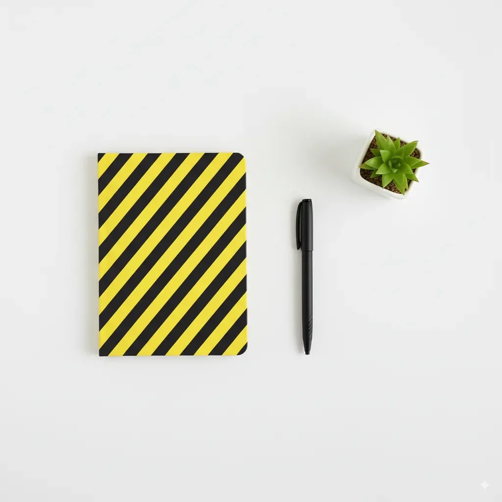 A minimalist desk vignette with a notebook that features a bold, high-contrast statement stripe. This accessory provides a pop of joyous brights to a clean space. 