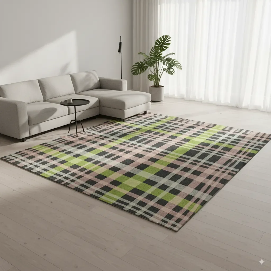 A living room with a large, skewed plaid rug featuring enlarged checks in bold, colourblocking hues. This statement piece redefines a classic motif. 