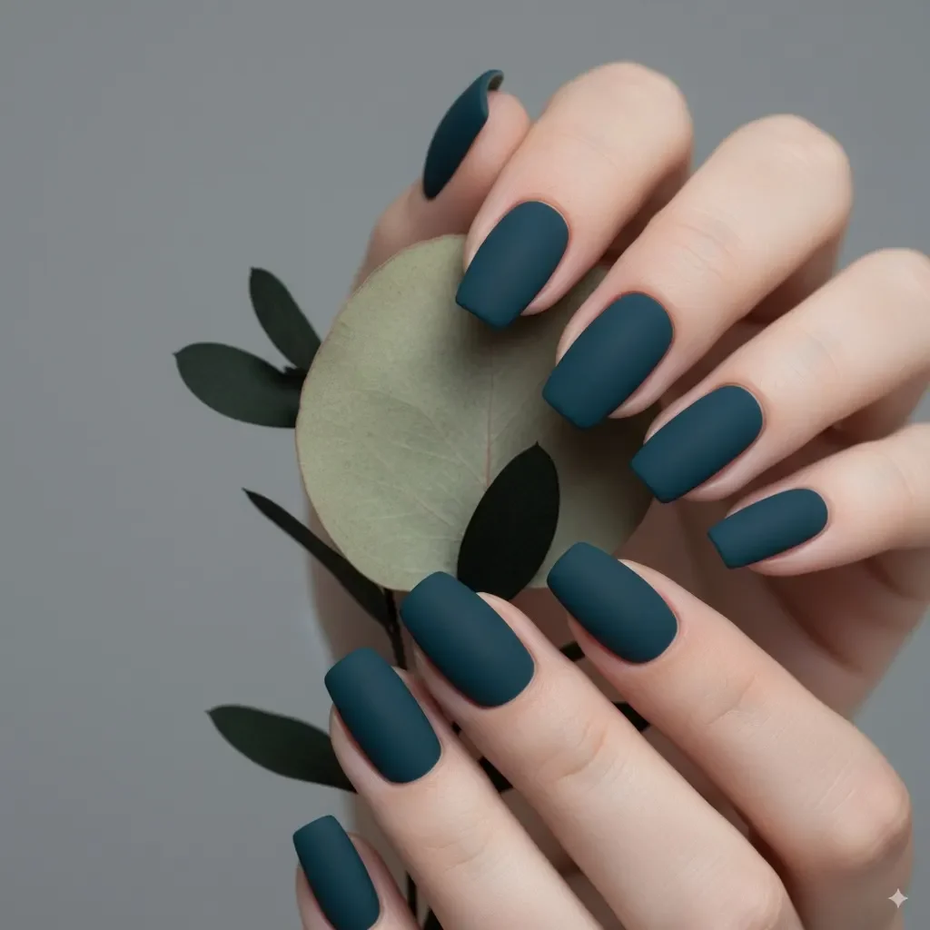 Blaugrüne, quadratisch-ovale Nägel mit von der Natur inspiriertem Design, Eukalyptusblatt