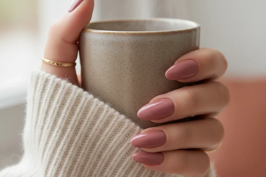 Uñas terracota mate aterciopeladas con acento brillante en la mano que reposa sobre un bolso de gamuza.
