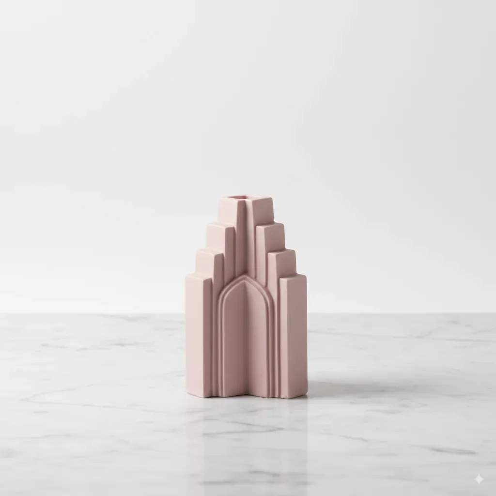 A minimalist ceramic vase with an architectural design inspired by repeating arches. This reworked classic object is an elevated piece for a low-key luxury home collection.
