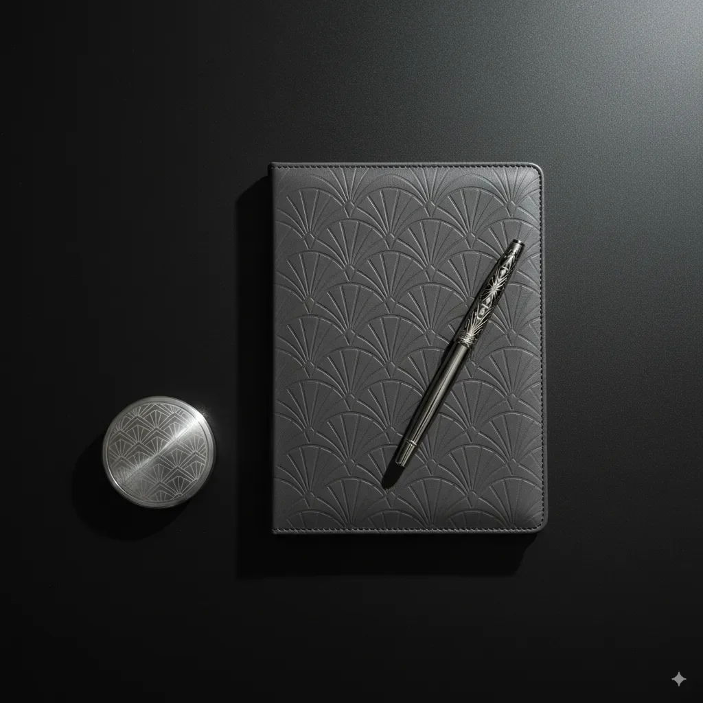 A flat-lay photo showing desk accessories that embody the OldMeetsNew trend. Features a notebook with geometrics and a metallic paperweight, perfect for a glam aesthetic. 
