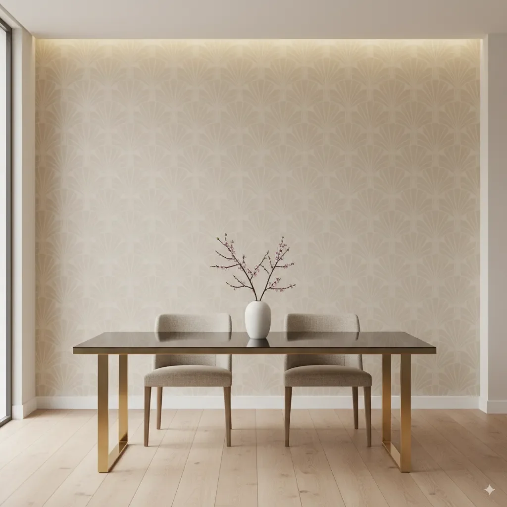 Elegant Art Deco wallpaper with a dense tessellated pattern, adding a sense of low-key luxury to a modern dining room. Features a reworked classic design in a neutral color palette. 
