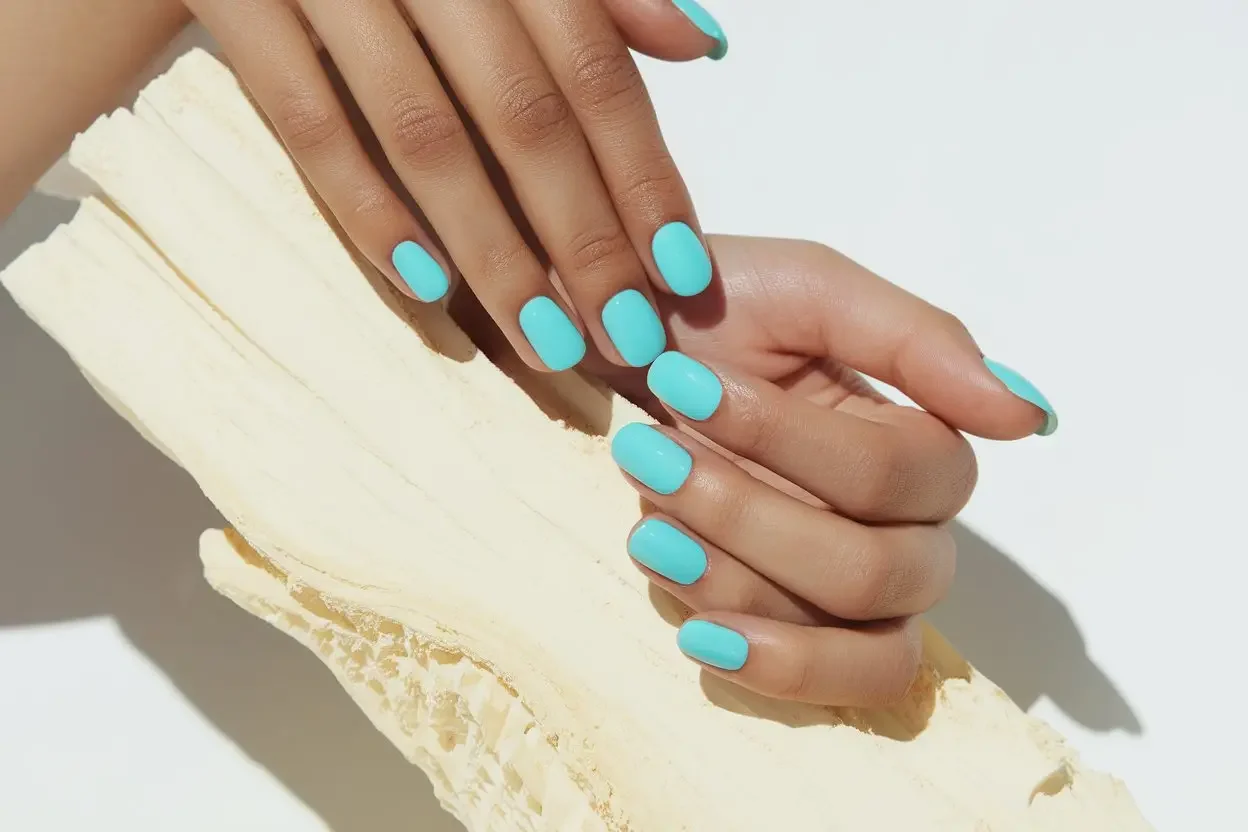 Elegante salbeigrüne Nägel mit cremigem Finish auf minimalistischem weißen Hintergrund