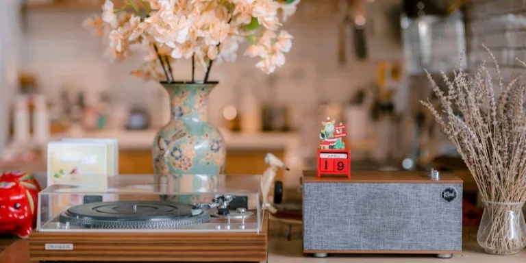 vintage turntable and retro decor in cozy setting