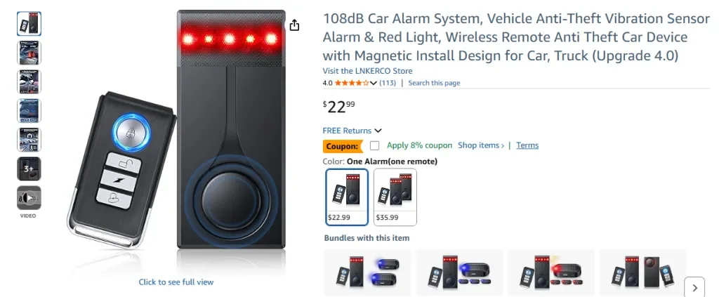 Скриншот Amazon: автомобильная сигнализация 108 дБ – датчик вибрации противоугонной системы с дистанционным управлением