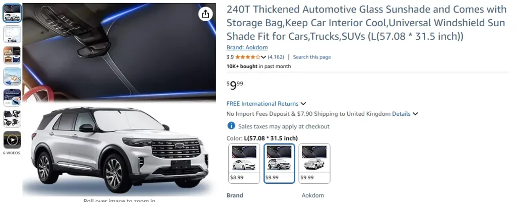 Amazon screenshot of 240T Thickened Automotive Glass Sunshade by Aokdom