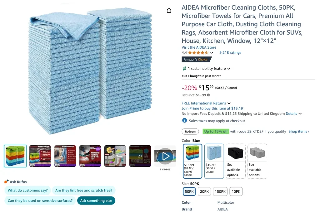 Amazon screenshot of AIDEA microfiber cleaning cloths, 50PK
