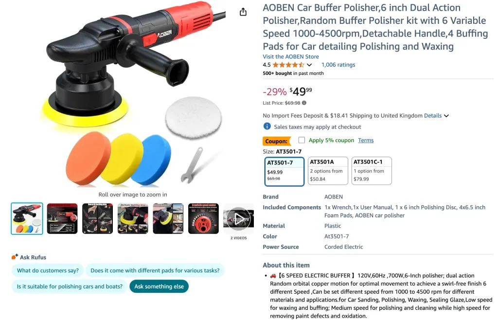 Amazon screenshot of AOBEN Car Buffer Polisher, 6 inch dual action polisher