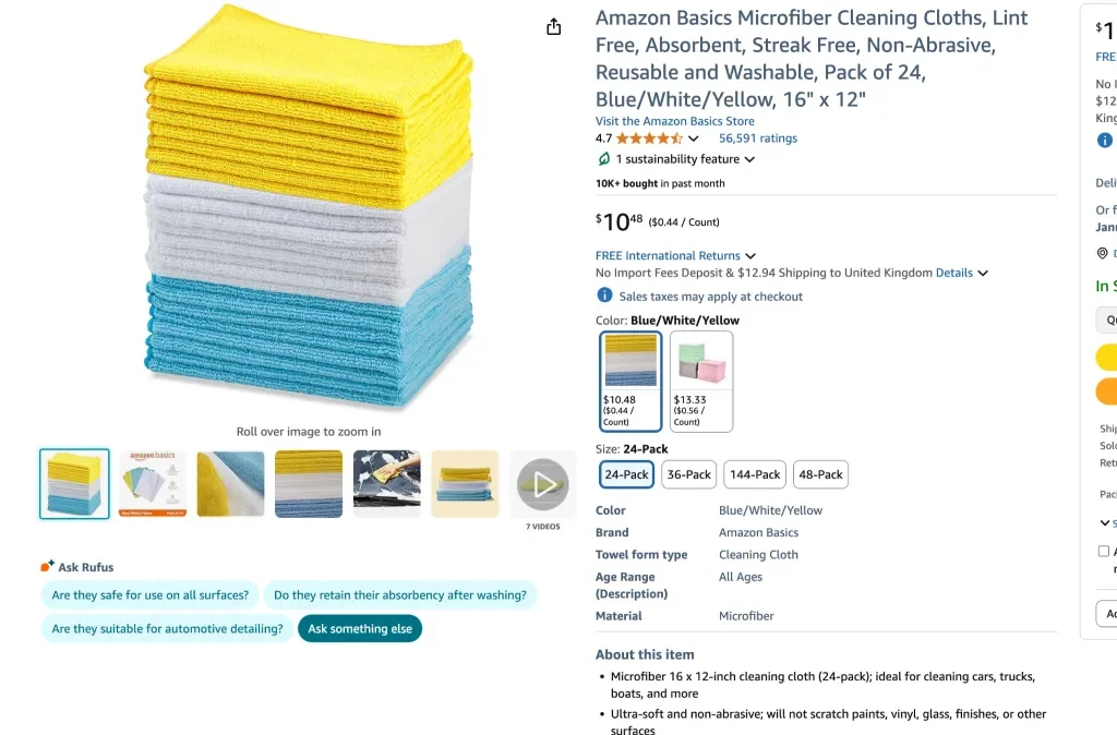 Amazon screenshot of Amazon basics microfiber cleaning cloths