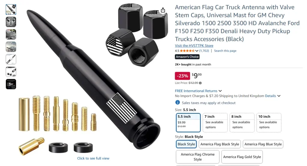 Amazon screenshot of American Flag Car Truck Antenna with Valve Stem Caps