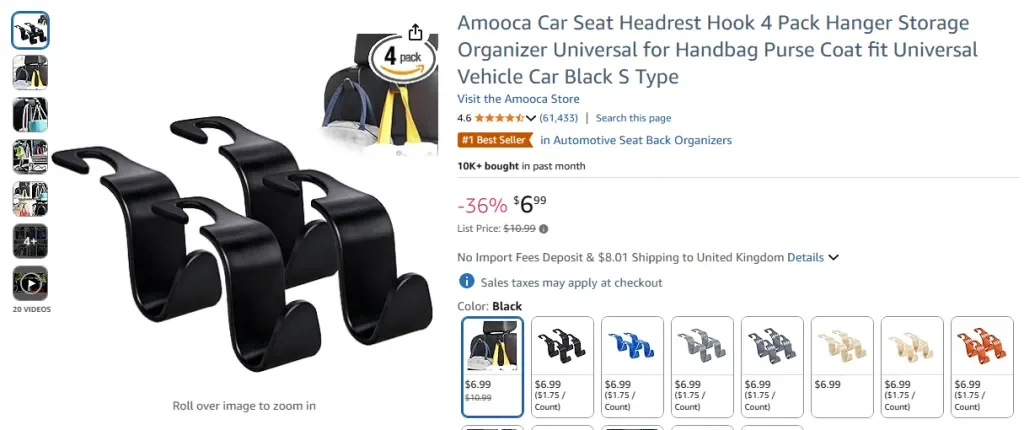 Amazon screenshot of Amooca Car Seat Headrest Hook