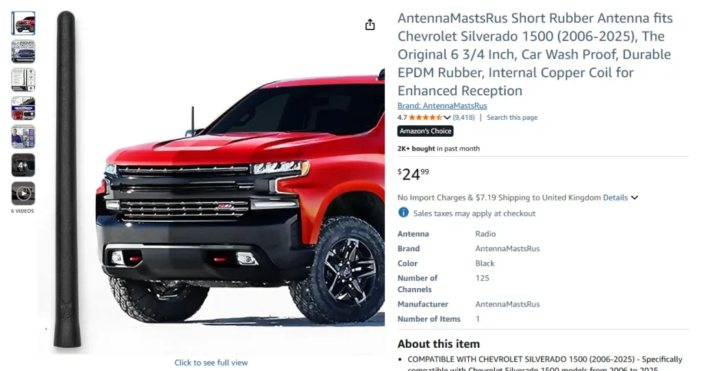 Amazon screenshot of AntennaMastsRus Short Rubber Antenna for Chevrolet Silverado