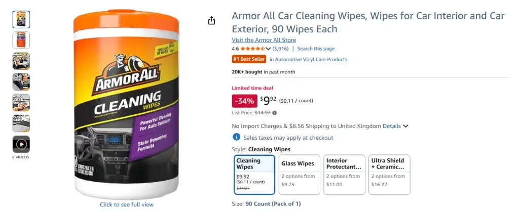 Armor All Car Cleaning WipesのAmazonスクリーンショット