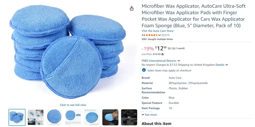 Amazon screenshot of AutoCare Microfiber Wax Applicator Pads with Finger Pocket