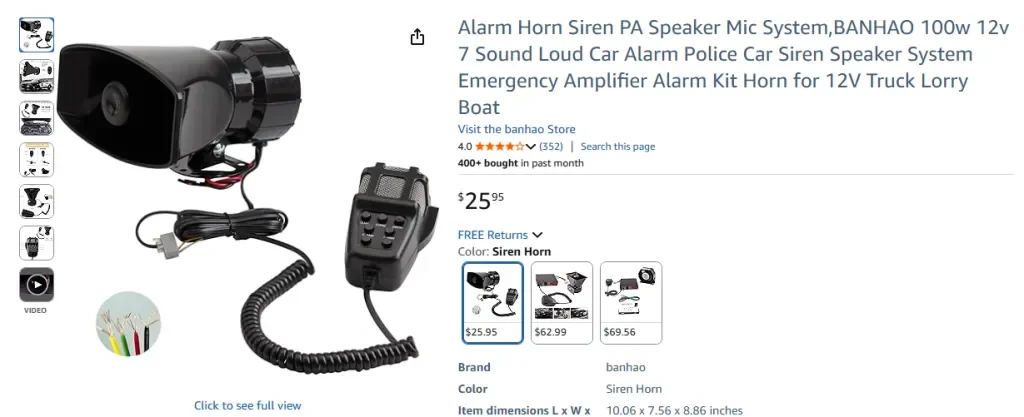 Скриншот Amazon: сирена BANHAO 100 Вт, система громкоговорителя и микрофона