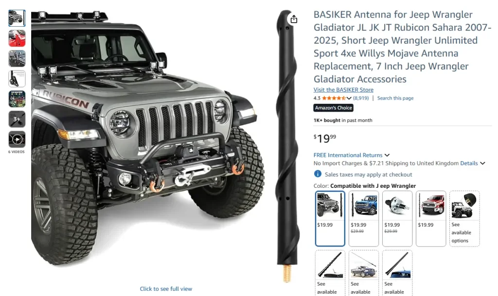 Amazon screenshot of BASIKER Antenna for Jeep Wrangler Gladiator