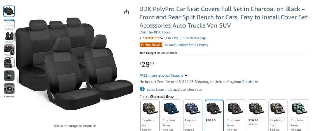 Captura de pantalla de Amazon del juego completo de fundas para asientos de coche BDK PolyPro