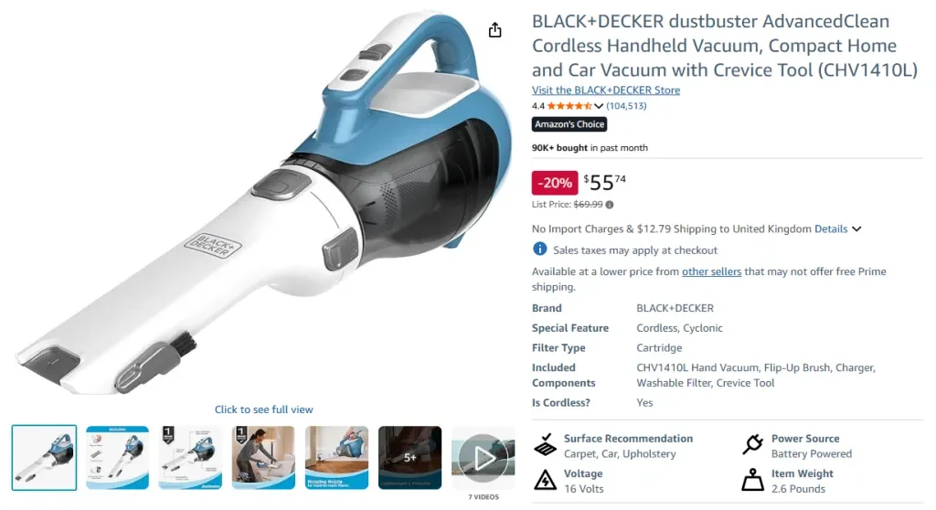 Amazon screenshot of BLACK+DECKER dustbuster AdvancedClean Cordless Handheld Vacuum