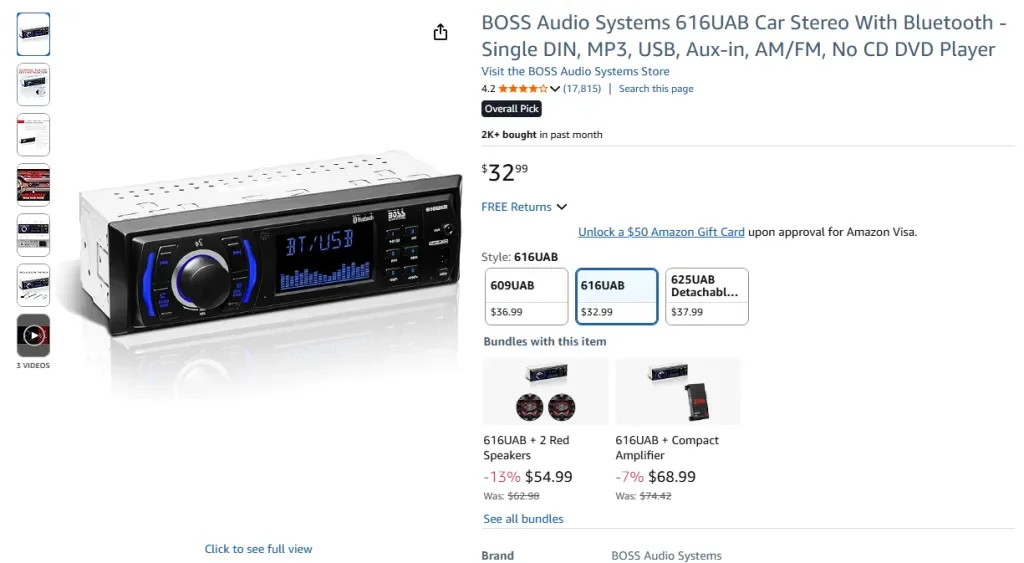 Amazon screenshot of BOSS Audio Systems 616UAB Car Stereo with Bluetooth