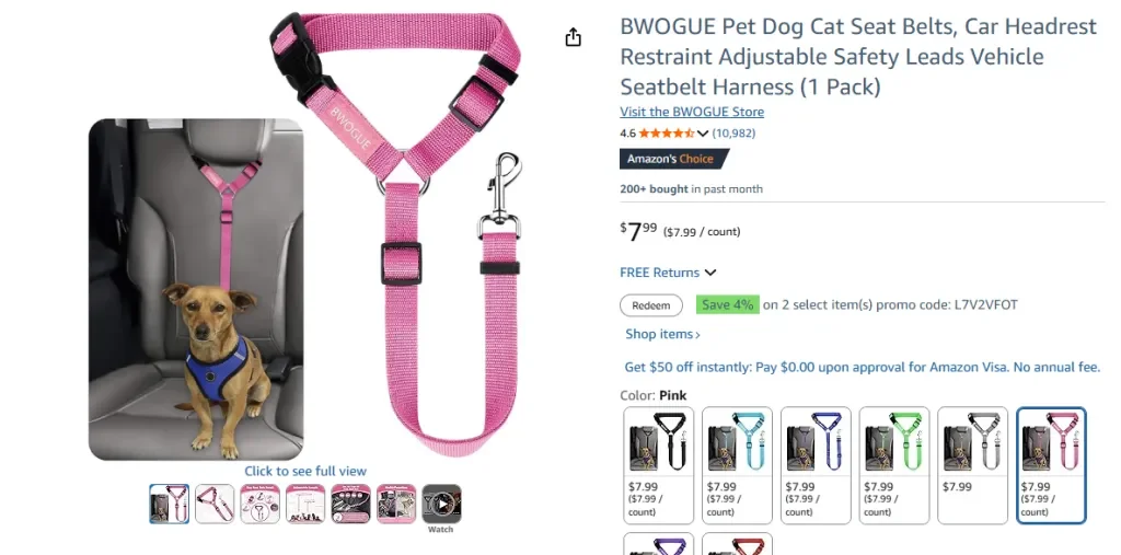 Amazon screenshot of BWOGUE Pet Dog Cat Seat Belts, Car Headrest Restraint