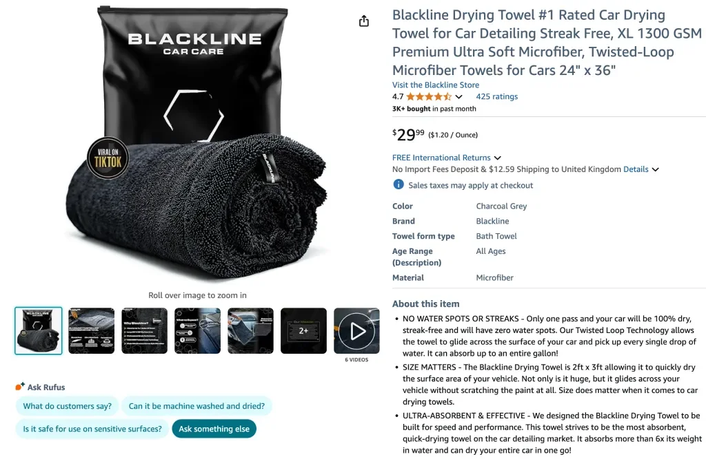 Amazon screenshot of Blackline car care microfiber drying towel