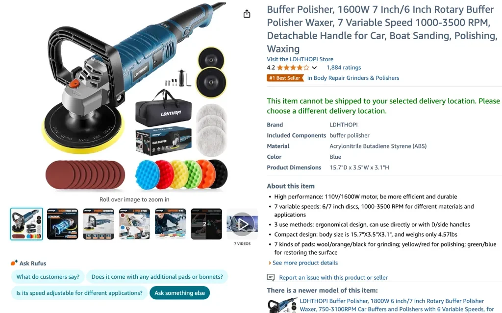 Amazon screenshot of Buffer Polisher, 1600w 7 inch6 inch rotary buffer polisher waxer