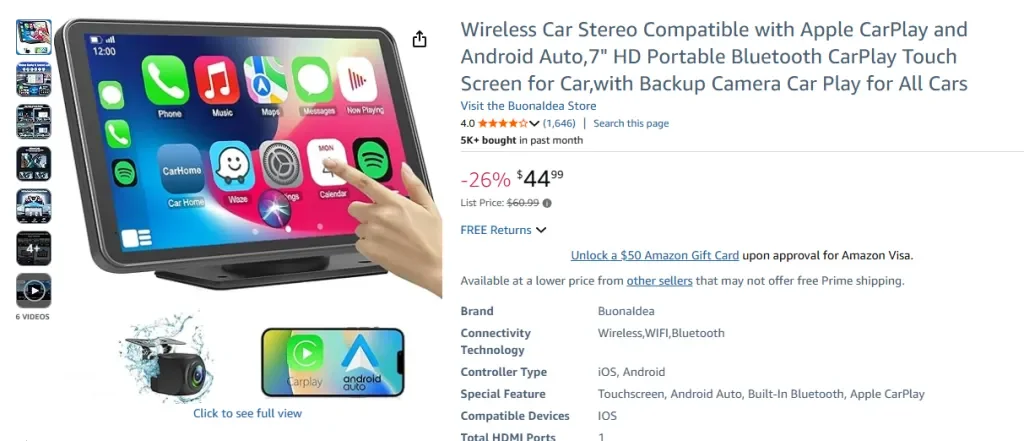 Amazon screenshot of BuonaIdea Wireless Car Stereo with Apple CarPlay & Android Auto (7” Touchscreen)
