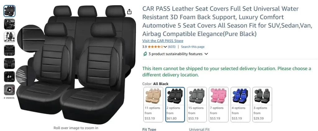 Captura de pantalla de Amazon del juego completo de fundas de asiento de cuero CAR PASS