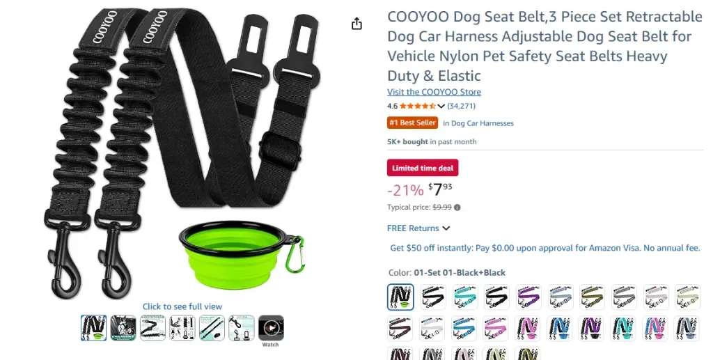 Amazon screenshot of COOYOO Dog Seat Belt, 3 Piece Set Retractable