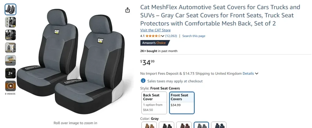 Captura de pantalla de Amazon de las fundas de asiento para automóviles Cat MeshFlex